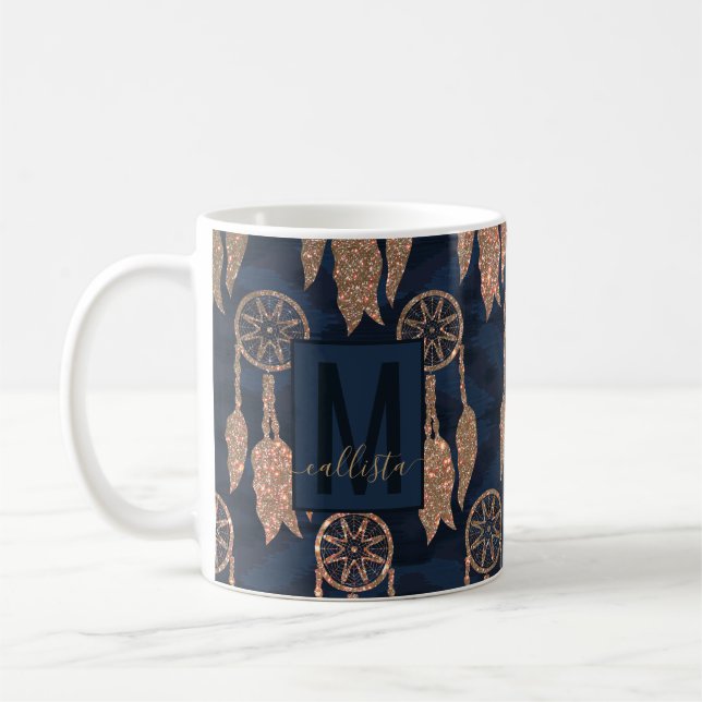 Gold Navy Blue Glitter Ikat Dream Catcher Monogram Coffee Mug (Left)