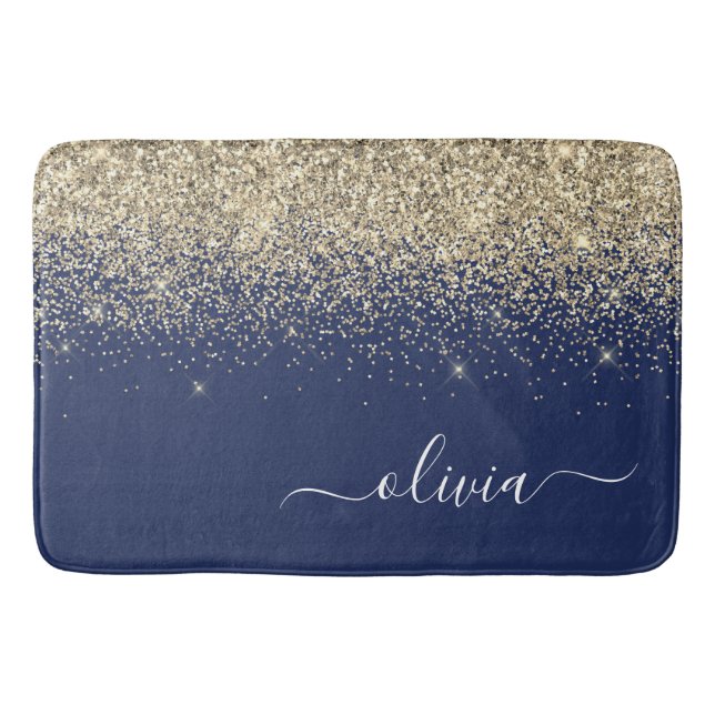 Gold Navy Blue Glitter Script Monogram Girly Name Bath Mat (Front)