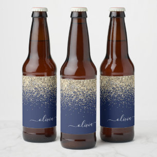 Gold Navy Blue Glitter Script Monogram Girly Name Beer Bottle Label
