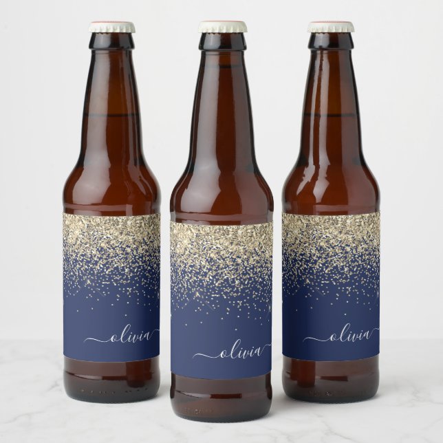 Gold Navy Blue Glitter Script Monogram Girly Name Beer Bottle Label (Bottles)