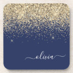Gold Navy Blue Glitter Script Monogram Girly Name Coaster<br><div class="desc">Navy Blue and Gold Glitter Script Monogram Name Paper Coasters. This makes the perfect graduation,  birthday,  wedding,  bridal shower,  anniversary,  baby shower or bachelorette party gift for someone that loves glam luxury and chic styles.</div>
