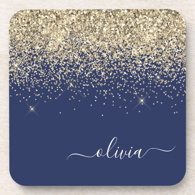 Gold Navy Blue Glitter Script Monogram Girly Name Coaster (Front)