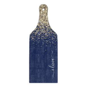 Gold Navy Blue Glitter Script Monogram Girly Name Cutting Board