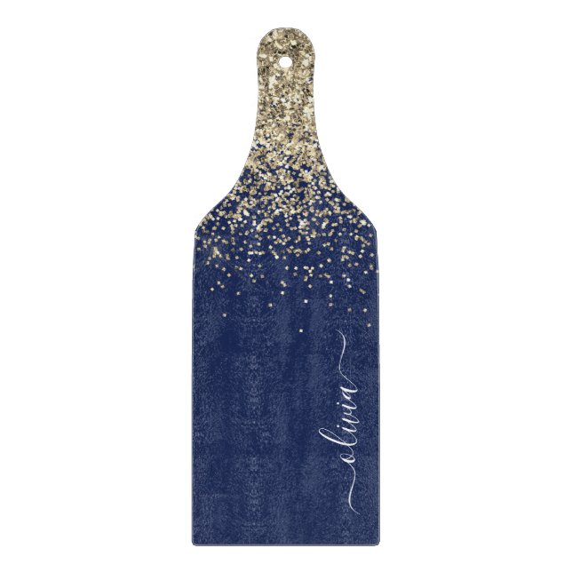 Gold Navy Blue Glitter Script Monogram Girly Name Cutting Board (Front)