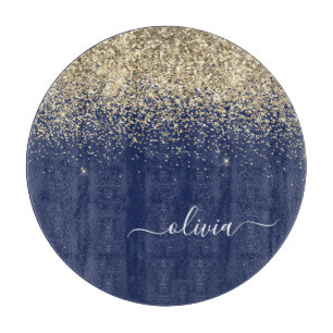 Gold Navy Blue Glitter Script Monogram Girly Name Cutting Board