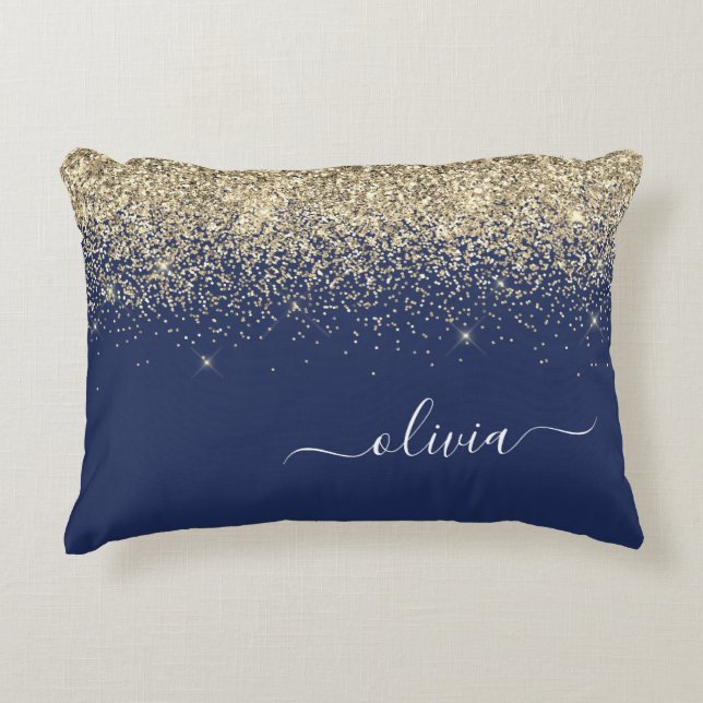Gold Navy Blue Glitter Script Monogram Girly Name Decorative Cushion (Front)
