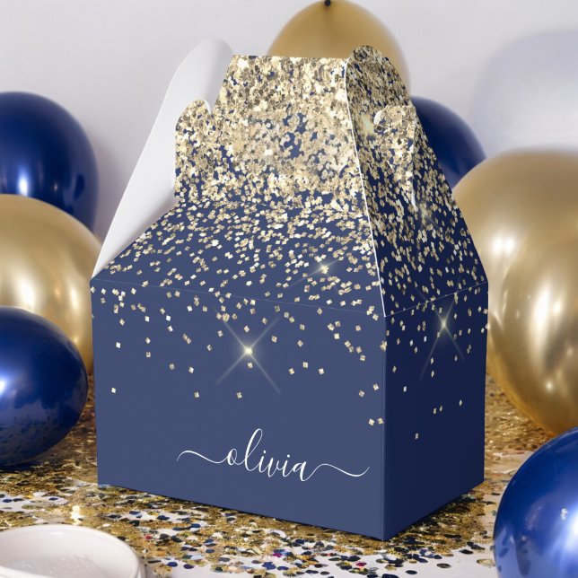 Gold Navy Blue Glitter Script Monogram Girly Name Favour Box (Creator Uploaded)