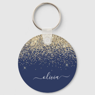 Gold Navy Blue Glitter Script Monogram Girly Name Key Ring
