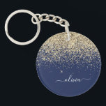 Gold Navy Blue Glitter Script Monogram Girly Name Key Ring<br><div class="desc">Gold and Navy Blue Sparkle Glitter Script Monogram Name Keychain. This makes the perfect sweet 16 birthday,  wedding,  bridal shower,  anniversary,  baby shower or bachelorette party gift for someone that loves glam luxury and chic styles.</div>