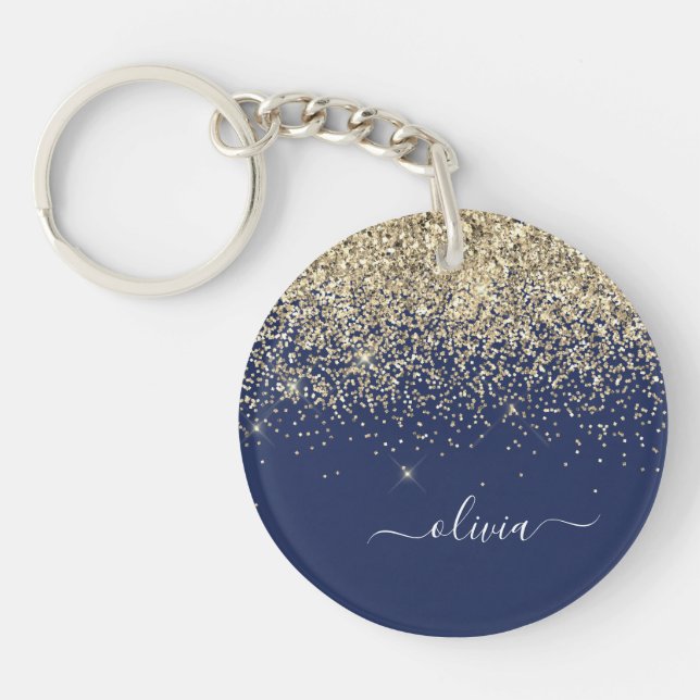 Gold Navy Blue Glitter Script Monogram Girly Name Key Ring (Front)