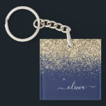 Gold Navy Blue Glitter Script Monogram Girly Name Key Ring<br><div class="desc">Navy Blue and Gold Faux Foil Sparkle Glitter Script Monogram Name Keychain. This makes the perfect sweet 16 birthday,  wedding,  bridal shower,  anniversary,  baby shower or bachelorette party gift for someone that loves glam luxury and chic styles.</div>