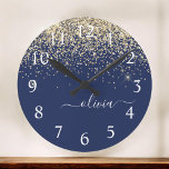 Gold Navy Blue Glitter Script Monogram Girly Name Large Clock<br><div class="desc">Navy Blue and Gold Sparkle Glitter Brushed Script Monogram Name Clock. This makes the perfect sweet 16 birthday,  wedding,  bridal shower,  anniversary,  baby shower or bachelorette party gift for someone that loves glam luxury and chic styles.</div>