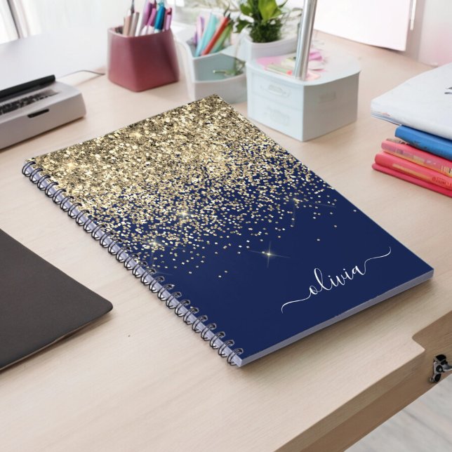 Gold Navy Blue Glitter Script Monogram Girly Name Notebook (Creator Uploaded)