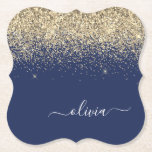Gold Navy Blue Glitter Script Monogram Girly Name Paper Coaster<br><div class="desc">Navy Blue and Gold Sparkle Glitter Script Monogram Name Paper Coasters. This makes the perfect graduation,  birthday,  wedding,  bridal shower,  anniversary,  baby shower or bachelorette party gift for someone that loves glam luxury and chic styles.</div>