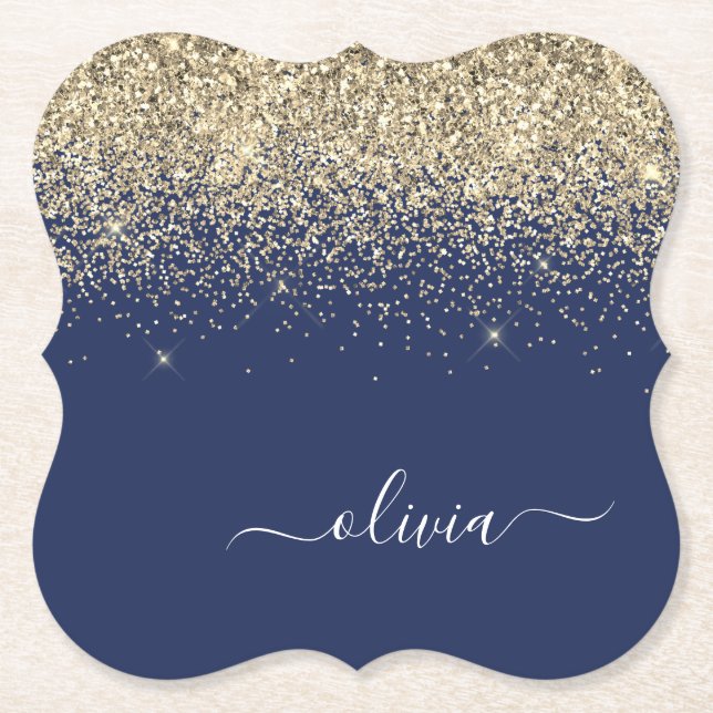 Gold Navy Blue Glitter Script Monogram Girly Name Paper Coaster (Front)
