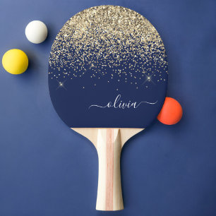 Gold Navy Blue Glitter Script Monogram Girly Name Ping Pong Paddle