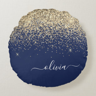 Gold Navy Blue Glitter Script Monogram Girly Name Round Cushion