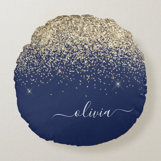 Gold Navy Blue Glitter Script Monogram Girly Name Round Cushion (Front)
