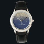 Gold Navy Blue Glitter Script Monogram Girly Name Watch<br><div class="desc">Navy Blue and Gold Sparkle Glitter Script Monogram Name Watch. This makes the perfect sweet 16 birthday,  wedding,  bridal shower,  anniversary,  baby shower or bachelorette party gift for someone that loves glam luxury and chic styles.</div>