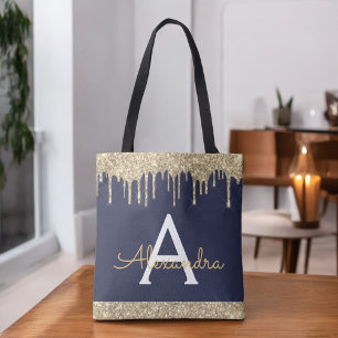 Gold Navy Blue Glitter Spakle Elegant Monogram Tote Bag