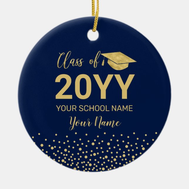 Gold & Navy Blue Graduation Christmas Gift Ceramic Ornament (Front)