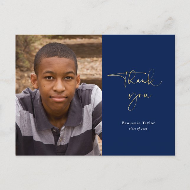 Gold & Navy Blue Graduation Thank You with Photo Postcard (Front)