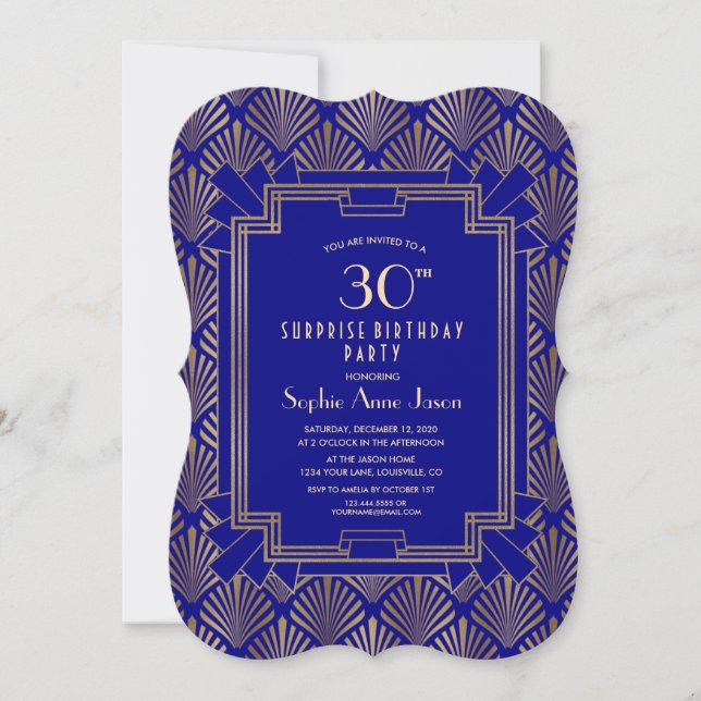 Gold Navy Blue Great Gatsby Art Deco Birthday Invitation (Front)