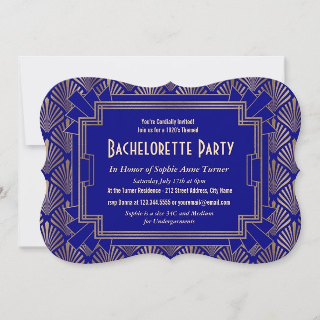 Gold Navy Blue Great Gatsby Bachelorette Party Invitation (Front)