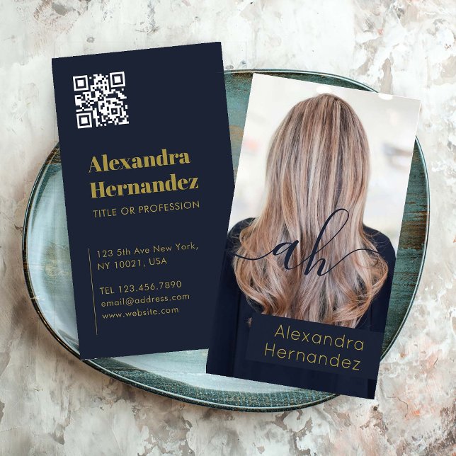 Gold Navy Blue Hair Makeup Photo Initial Qr Code Business Card (Gold Navy Blue Hair Makeup Photo Initial Qr Code Business Card)