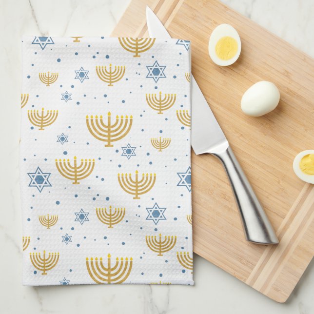 Gold & Navy Blue  Hanukkah Menorah Pattern Tea Towel (Quarter Fold)