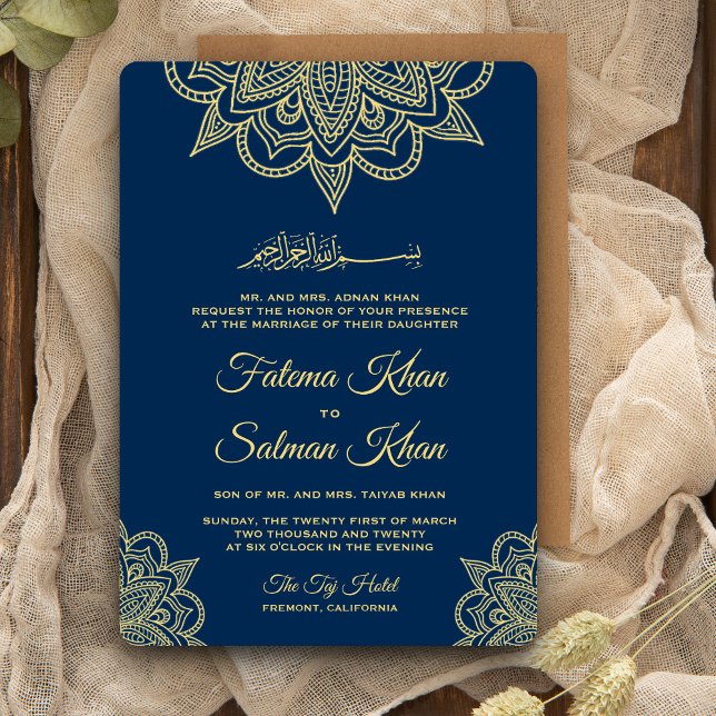 Gold Navy Blue Henna Mehndi Islamic Wedding Invitation (Creator Uploaded)