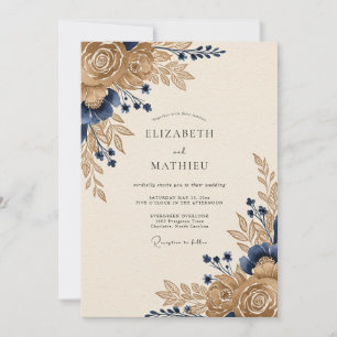 Gold Navy Blue Majestic Floral Wedding Invitation