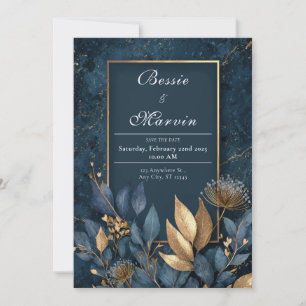 Gold Navy Blue Marble Botanical Winter Wedding Invitation