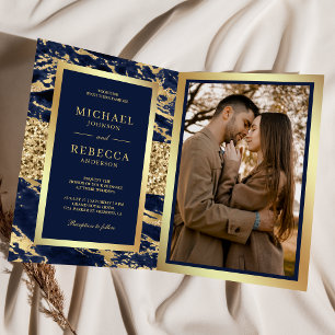 Gold Navy Blue Marble Photo QR Code Wedding Invitation