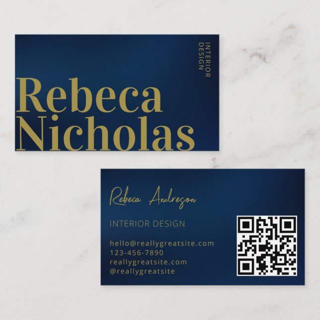 Gold Navy Blue | Minimalist professional qr code Business Card (Front/Back)