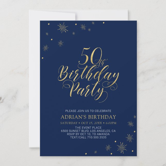 Gold & Navy Blue | Modern Chic 50th Birthday Party Invitation (Front)