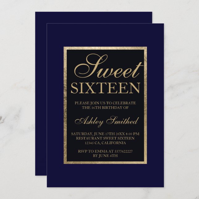 Gold navy blue modern elegant chic Sweet 16 Invitation (Front/Back)
