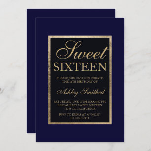 Gold navy blue modern elegant chic Sweet 16 Invitation