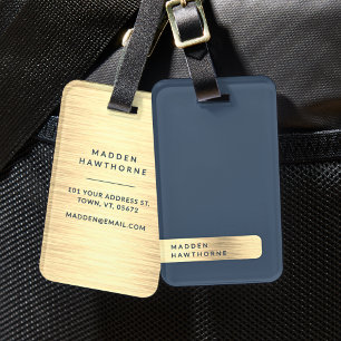 Gold Navy Blue Modern Elegant Simple Brushed Metal Luggage Tag