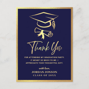 Gold Navy Blue Modern Graduation Party Thank You Postcard