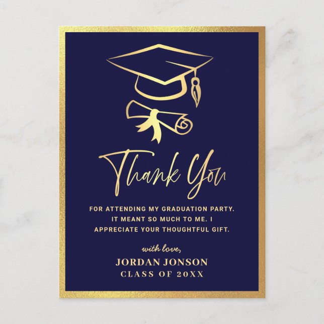 Gold Navy Blue Modern Graduation Party Thank You Postcard (Front)
