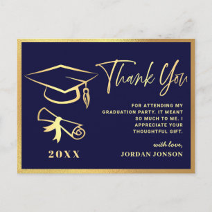Gold Navy Blue Modern Graduation Party Thank You Postcard