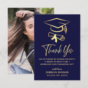 Gold Navy Blue Modern Graduation PHOTO Thank You Card