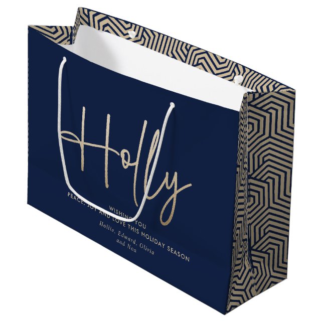 Gold navy blue modern minimal script elegant large gift bag (Front Angled)