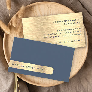Gold Navy Blue Modern Simple Elegant Brushed Metal Business Card
