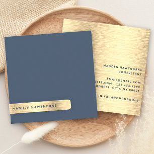 Gold Navy Blue Modern Simple Minimal Brushed Metal Square Business Card