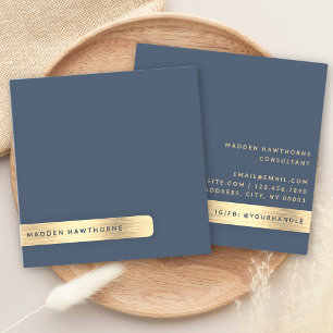 Gold Navy Blue Modern Simple Minimal Brushed Metal Square Business Card