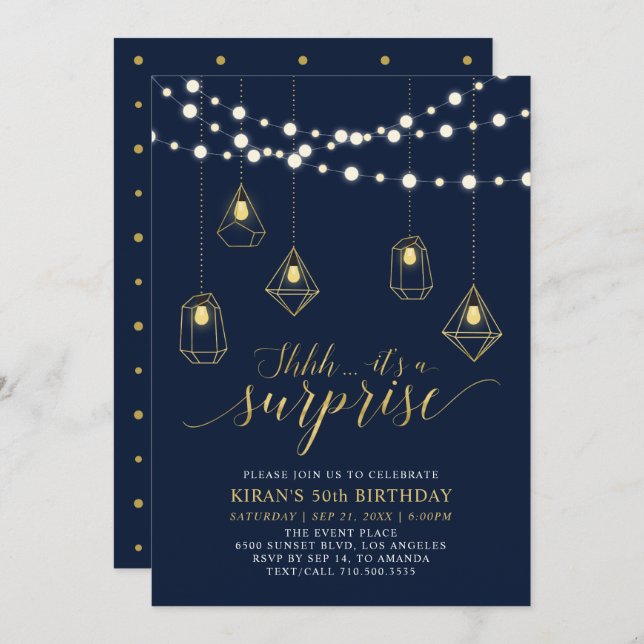 Gold & Navy Blue Modern Surprise Birthday Party Invitation (Front/Back)