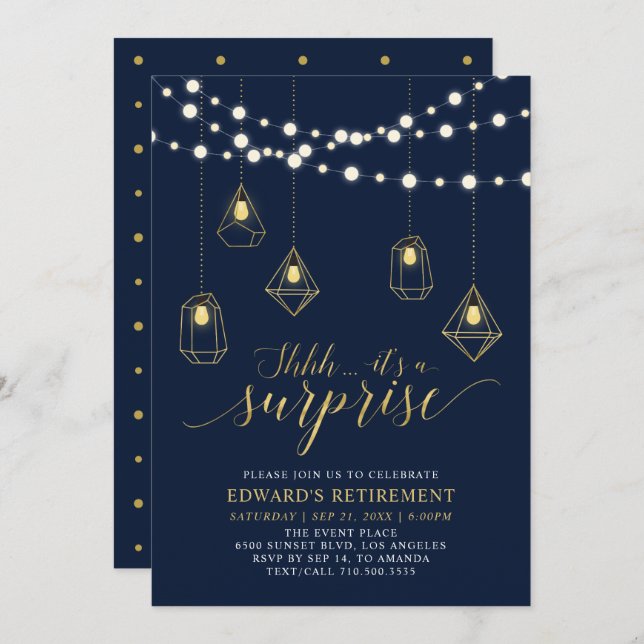 Gold & Navy Blue Modern Surprise Retirement Party Invitation (Front/Back)