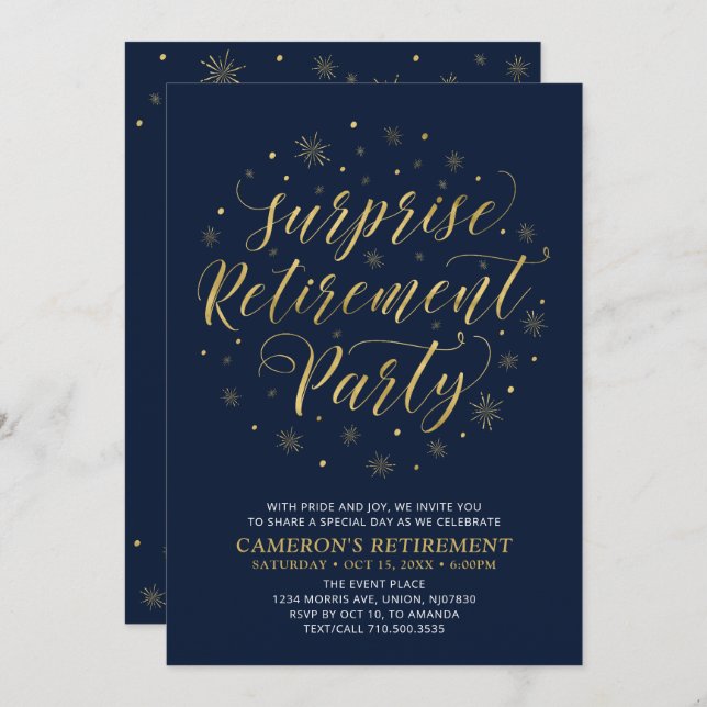 Gold & Navy Blue Modern Surprise Retirement Party Invitation (Front/Back)